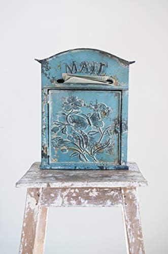Creative Co-Op Distressed Blue Embossed Tin Mail Box
