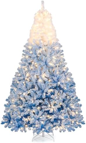 Goplus 7.5ft Pre-Lit Artificial Christmas Tree, Premium PVC Snow Flocked Hinged Pine Tree with Metal Stand and LED Lights