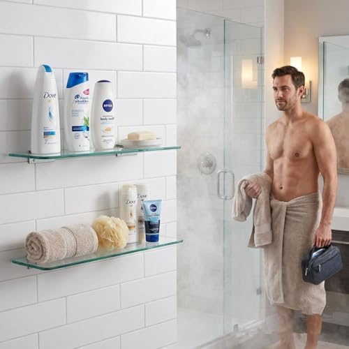 Glass Shower Shelves for Bathroom 2 Tiers Tempered Glass Floating Wall Mounted Shelves for Inside Shower Adhesive Organizer Storage with Aluminum