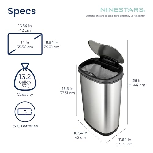 Ninestars 13 Gallon Oval Automatic Trash Can, 50L Touchless Motion Sensor Garbage Can with Odor-Sealing Lid & One-Touch Manual Mode