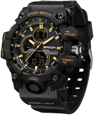 FANMIS Men Sports Outdoor Watch Analog Digital Multifunctional Black Watch | Black Sports Watch Casual Quartz Wristwatch Waterproof Military Wrist Watch Tactics LED Alarm Stopwatch Digital Watch for Men