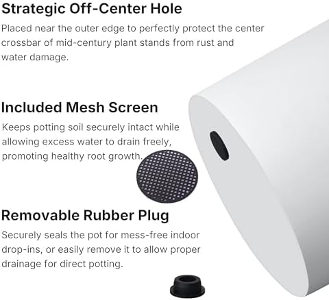 FaithLand 14 Inch Fiberstone Planter - Lightweight Modern Cylinder Plant Pot with Drainage Hole & Plug, Indoor Outdoor Use, Matte White