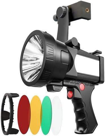 BIGSUN Q953 Rechargeable Spotlight,100000 High Lumen LED Flashlightv with COB Flood Light, Built-in 10,000 mAh Li-Ion Battery for Patrol, Working, Hunting, Red Lens and Tripod