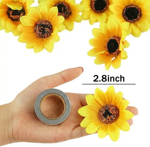 25PCS Fake Sunflowers Heads, 2.8" Artificial Silk Flowers | DIY Crafts Wedding Home Decor, Birthday Party Floral Supplies, Bright Yellow Blooms
