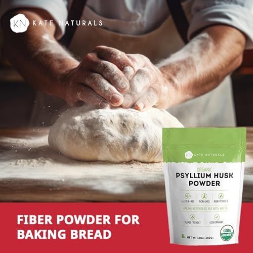 Kate Naturals Psyllium Husk Powder for Fiber and Baking Bread, 12oz | Organic, Gluten Free, Fine Ground, For Digestion, Mixes Easily with Juice & Smoothies