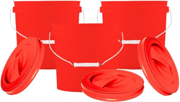 House Naturals 2 Gallon Red Plastic Food Grade BPA Free Made in USA Plastic Bucket Container with Red Screw On Lid - Pack of 3