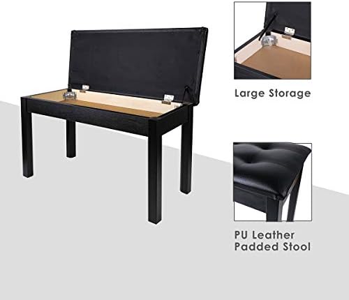 MU PU Leather Padded Piano Bench with Waterproof Cushion and Inner Solid Flip-Top Extra Music Storage for 2 People (Black)