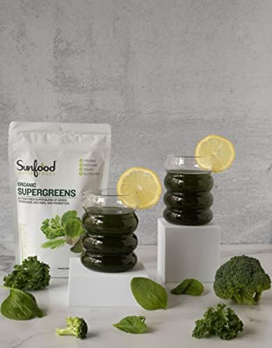 Sunfood Superfoods Organic Supergreens Blend - Greens Superfood Powder, Daily Green Juice Powder, Vegetable Smoothie Drink Mix with Chlorella, Spirulina, Alfalfa, Kale, & More - 8 oz Bag
