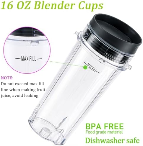 Replacement16oz Blender Cup for Ninja,Single Serve Blender Cup With Lids Set For BL770 BL780 BL660 BL740 BL810 Nutri Ninja Series Blenders (2-pack)