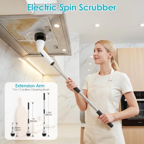Electric Spin Scrubber for Bathroom, Power Cleaning Brush with 7 Replaceable Brush Heads, Adjustable Long Handle
