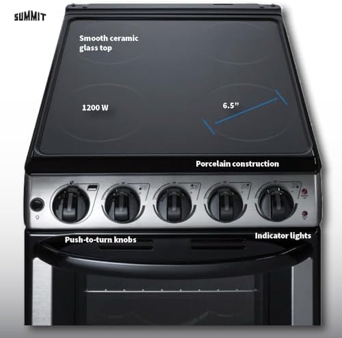 Summit 20” Electric Range, Stainless Steel and Black- REX2071SSRT | 2.3 cu.ft. Capacity Oven, Smooth Glass CookTop, 4 Burner Range, 220VOLT