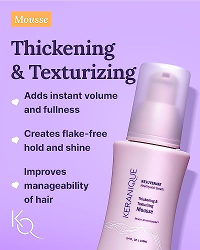 Keranique Volumizing Shampoo and Conditioner Set with Thickening Mousse - Keratin Enriched Volume Kit for Thinning, Fine, Damaged, Dry Hair - Color Safe, Sulfate Free, No Alcohol Formula for Women