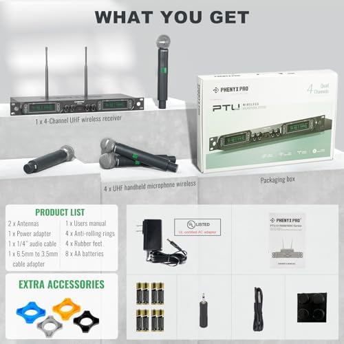 Phenyx Pro 4-Ch UHF Fixed Frequency Wireless Microphone System PTU-5000-4H | 4 Dynamic Handheld Mics, Metal Build, 260 ft Range, Singing