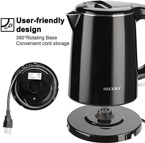 Secura Stainless Steel Double Wall Electric Kettle Water Heater for Tea Coffee w/Auto Shut-Off and Boil-Dry Protection, 1.0L (Orange) SWK-1001DO/HB-K012
