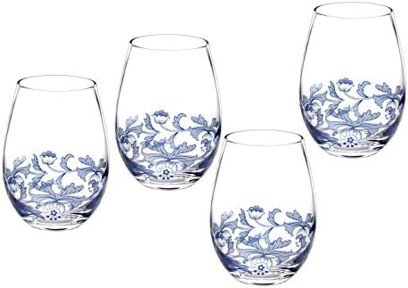 Spode Blue Italian Highball Glasses, 15 Oz - Blue & White, Set of 4 | Blue Italian Collection, Tall Tumbler for Serving Mojitos, Cocktails, Spritzers & Fruit-Infused Beverages, Glass Construction