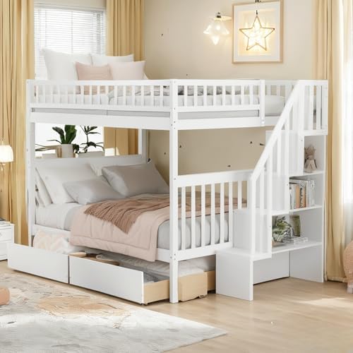 Bellemave Full Over Full Bunk Beds with Stairs Stairway Bunk Bed Frame with Storage Shelves for Teens Adult, Detachable Wood Full Bunk Bed, Gray