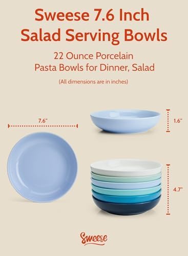 Sweese 22oz Porcelain Pasta Bowls Set of 6-7.6 Inch White Salad Serving Plates, Microwave Dishwasher Safe Dinnerware