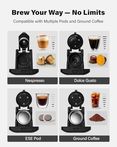 KIDISLE 20 Bar Espresso Machine, Compatible with Nespresso Original & Dolce Gusto Capsules, Ground Coffee & ESE Pods, 47.3oz Tank, One-Touch Boil