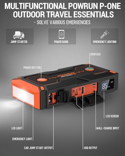 Powrun P-ONE Jump Starter, 2000A Portable Jump Box - Car Jump Starter Battery Pack for up to 8.0L Gas and 6.5L Diesel Engines