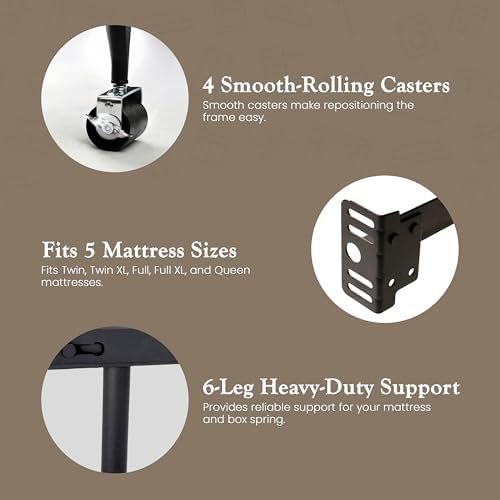 Kings Brand Furniture Adjustable Metal Bed Frame with Locking Wheels, Fits Twin, Twin XL, Full, Full XL & Queen Mattresses