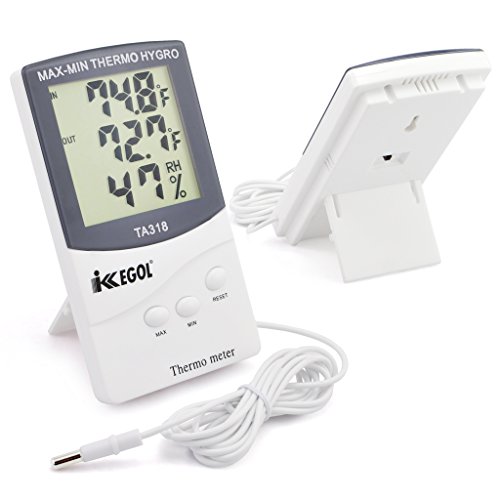 iKKEGOL Digital Indoor Outdoor in/Out Wall Mount Monitor Sensor LCD Temperature Thermometer Hygrometer Humidity Meter with Probe Cable