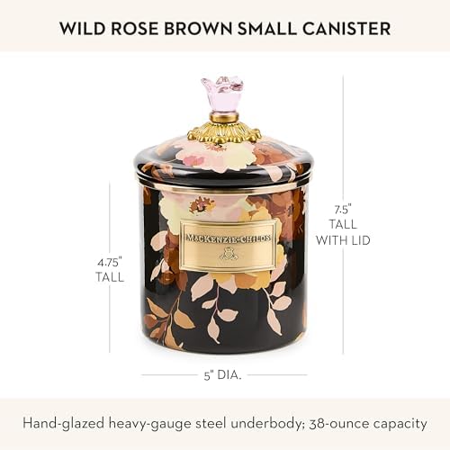 MACKENZIE-CHILDS Enamel Canister, Small, Wild Rose Brown | Hand-applied design, made from enameled steel, versatile kitchen storage container for flour and sugar, 38-ounce capacity
