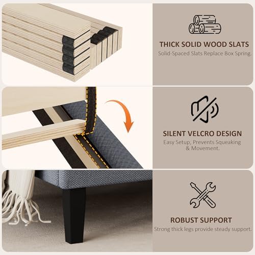 King Size Bed Frame with Headboard, Platform Bed with Upholstered Wingback Storage Headboard, Slats Support, No Box Spring Needed Beige