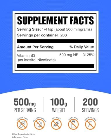 BulkSupplements.com Flush Free Niacin Powder - as Inositol Hexanicotinate, Vitamin B3 Supplement, Niacin 500mg Flush Free - Gluten Free, 500mg of per Serving, 250g (8.8 oz) (Pack of 1)