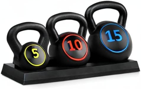 Best Choice Products 3-Piece Kettlebell Set with Storage Rack, HDPE Coated Exercise Fitness Concrete Weights for Home Gym, Strength Training