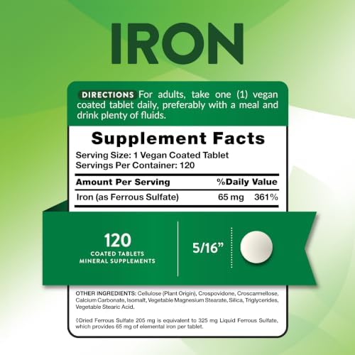 Nature's Truth Iron Supplement | 65mg | 120 Tablets | 325mg Ferrous Sulfate | Vegan, Non-GMO & Gluten Free Pills