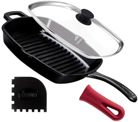 Cuisinel Cast Iron Square Grill Pan + Glass Lid + Pan Scraper + Handle Cover - 10.5" Pre-Seasoned Ridged Skillet - Grill, Stovetop, Fire