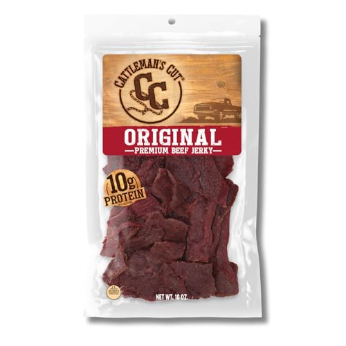 Cattleman's Cut Original Beef Jerky, Premium Marinated Steak High Protein Meat Snacks, Keto Friendly, Gluten Free, Carnivore Travel Snack, Resealable Bag, 10 Ounces