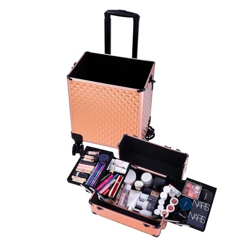 mefeir 4 in 1 Rolling Makeup Train Case, Aluminum Makeup Travel Organizer Cosmetic Case, Cosmetology Display Suitcase on Wheels, Beauty Storage Luggage Lockable w/4 Removable Wheels (Black)