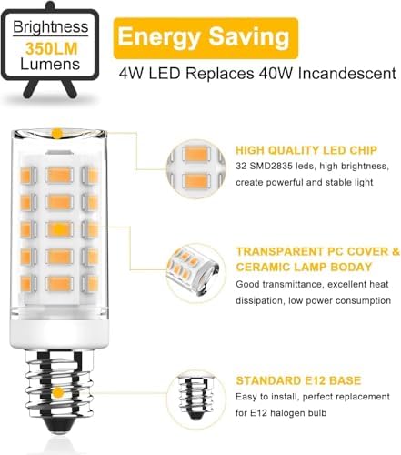 KLG E12 LED Bulb, Mini Candelabra Base, 4W (40W Equivalent), 5000K Daylight White Non-Dimmable, T3/T4 Small Bulb for Ceiling Fans and Chandeliers