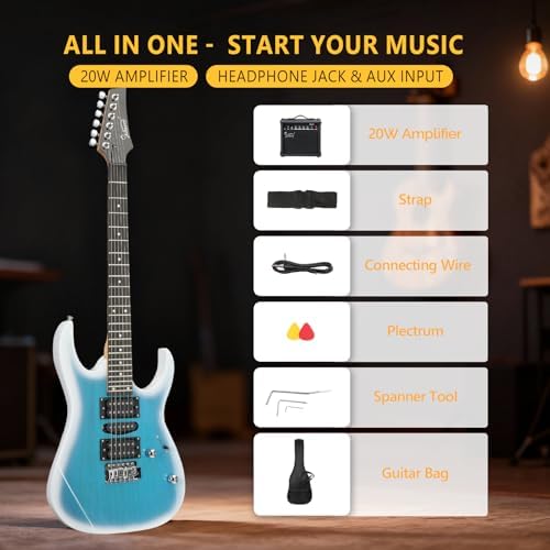 GLARRY 39" Full Size Electric Guitar Kit for Beginners, Starter Electric Guitar Set with 20W Amp & HSH Pickups, Model 170 (Black-White)
