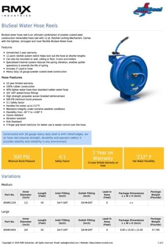 BLUSEAL BSWR5850 Retractable Hose Reel with 5/8" x 50' Hot Water Rubber Hose, 6' Lead-in, 500 PSI, Brass Fittings, Swivel Mount Hose Reel
