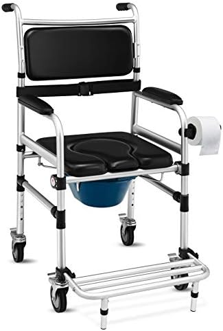 Giantex 3 in 1 Lightweight Shower Commode, Transport Bedside Commode with Wheels, Adjustable Height and Pedal, Shower Wheelchair for Elder