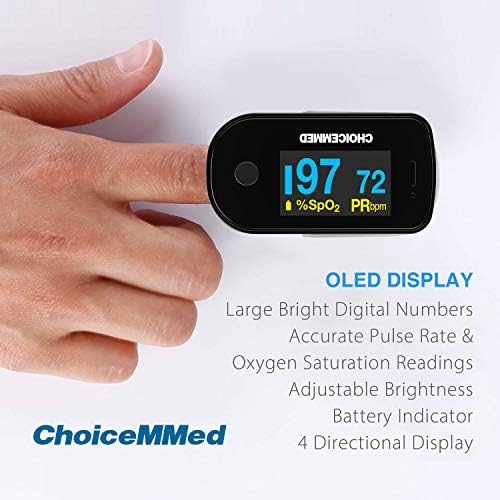 CHOICEMMED Black Dual Color OLED Finger Pulse Oximeter - Blood Oxygen Saturation Monitor with Color OLED Screen Display and Included Batteries - O2
