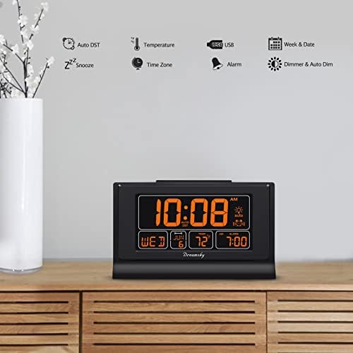 DreamSky Alarm Clocks for Bedrooms with Battery Backup, Auto Set | Digital Clock with Date & Day of Week, 5 Inch Large Display, Weekday, Temperature, USB Port, Auto DST, Brightness Dimmer