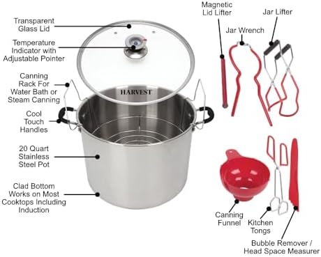 Harvest Stainless Steel 20 Qt Canning Pot with Rack | Water Bath or Steam Canning | Works on All Stovetops Including Induction, Glass, Gas (Stainless Steel Canner + Tools) (Stainless Steel Canner)