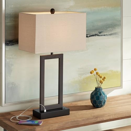 Todd 30" Large Table Lamp USB Brushed Nickel AC Power Outlet Modern | Hotel Charging Ports Living Room Bedroom House Bedside Nightstand Home Office Family Rectangle White Shade