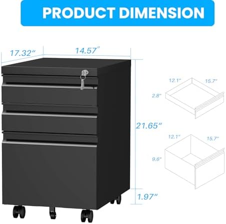 3-Drawer Mobile Steel Filing Cabinet with Lock, Fully Assembled Under Desk File Cabinet for Letter/Legal/A4 Size, Heavy Duty Storage Organizer for Home Office
