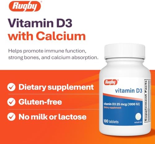 Rugby Vitamin D3, 25 mcg (1,000 IU) Dietary Supplement, 100 Count (1-Pack)