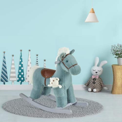 Qaba Kids Rocking Horse with Bear Toy Fun Realistic Sounds Toddler Blue