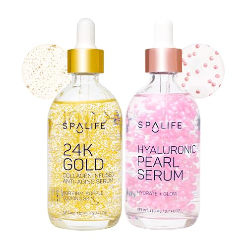 SpaLife Beauty Pearl Hyaluronic Acid Serum & 24k Gold Anti Aging Serum | AM/PM Facial Routine Duo | Deep Collagen Hydrating Treatment | Firming