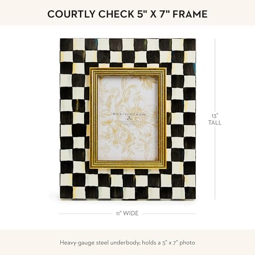 MACKENZIE-CHILDS 5x7 Picture Frame, Black-and-White Courtly Check | Fits 5x7 photos, made from enameled steel with glass pane, linen easel back