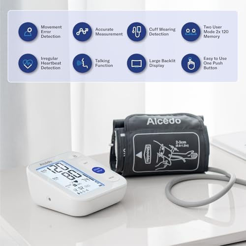 Alcedo Blood Pressure Monitor for Home Use, Upper Arm Cuff BP Machine | Large LCD Screen, Talking Function, 2x120 Memory, Large Cuff (8.7–16.5"), Batteries+USB Cable