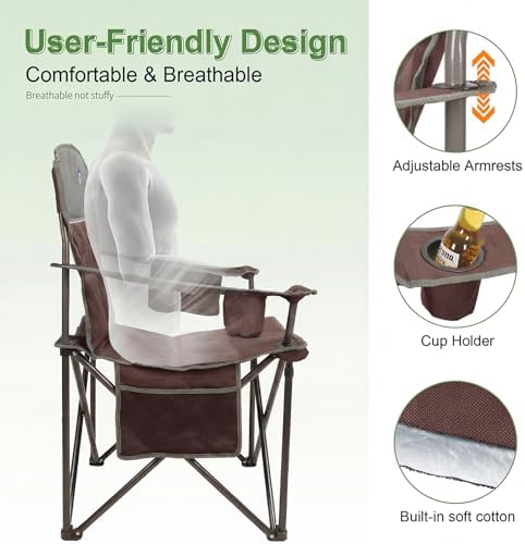 Oversized Camping Chairs 2 Pack - Heavy Duty 400LBS Padded Lawn Chair with Cooler Bag,Cup Holder,Side Pocket,Collapsible for Outdoor,Camp,Fishing & Garden,Dark Green