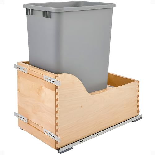 Rev-A-Shelf Pullout Trash Cans for Kitchen Cabinet, Dual 35 Qt Bins with 15" Wood Frame - Large Garbage Bin Containers for Home Waste Storage and Recycling | w/ Soft Close, Under Cabinet Waste/ Recycling Bin, Maple Wood Bottom Mount w/Full Extension Ball…