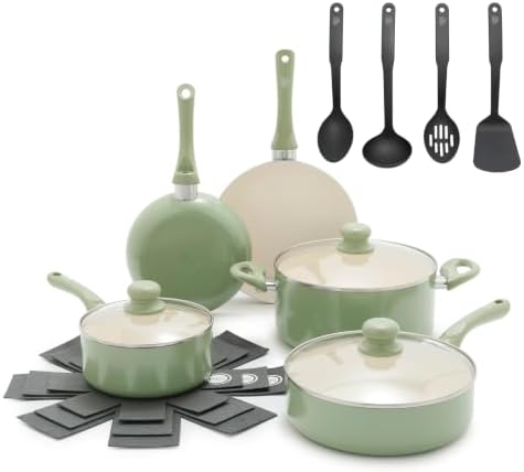 GreenLife 16 Piece Ceramic Nonstick Pots & Pans Cookware Set, Turquoise | PFAS-Free Ceramic Nonstick, Stockpot, Frying Pans, Saucepans, Sauté Pan, Stay-Cool Handles, Dishwasher & Oven Safe up to 350F